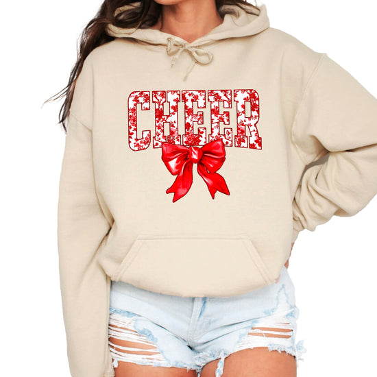 Cheer red floral bow hoodie for women and teen girls, Sand hoodie, front view