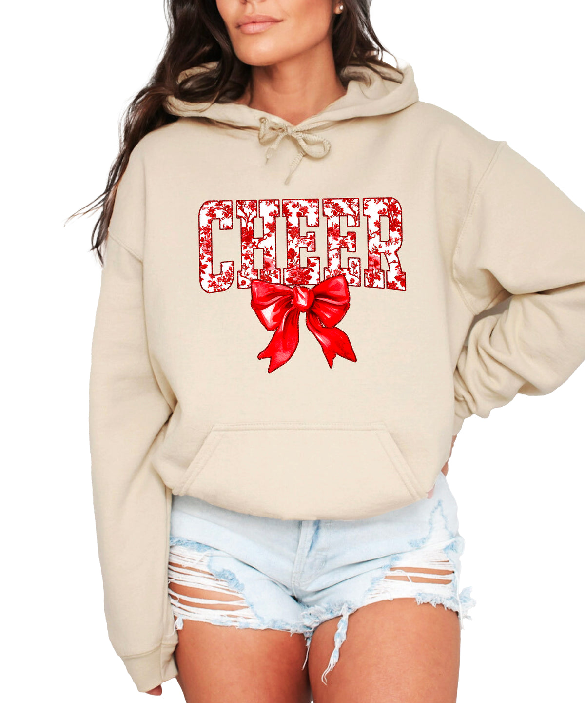 Cheer red floral bow hoodie for women and teen girls, Sand hoodie, front view