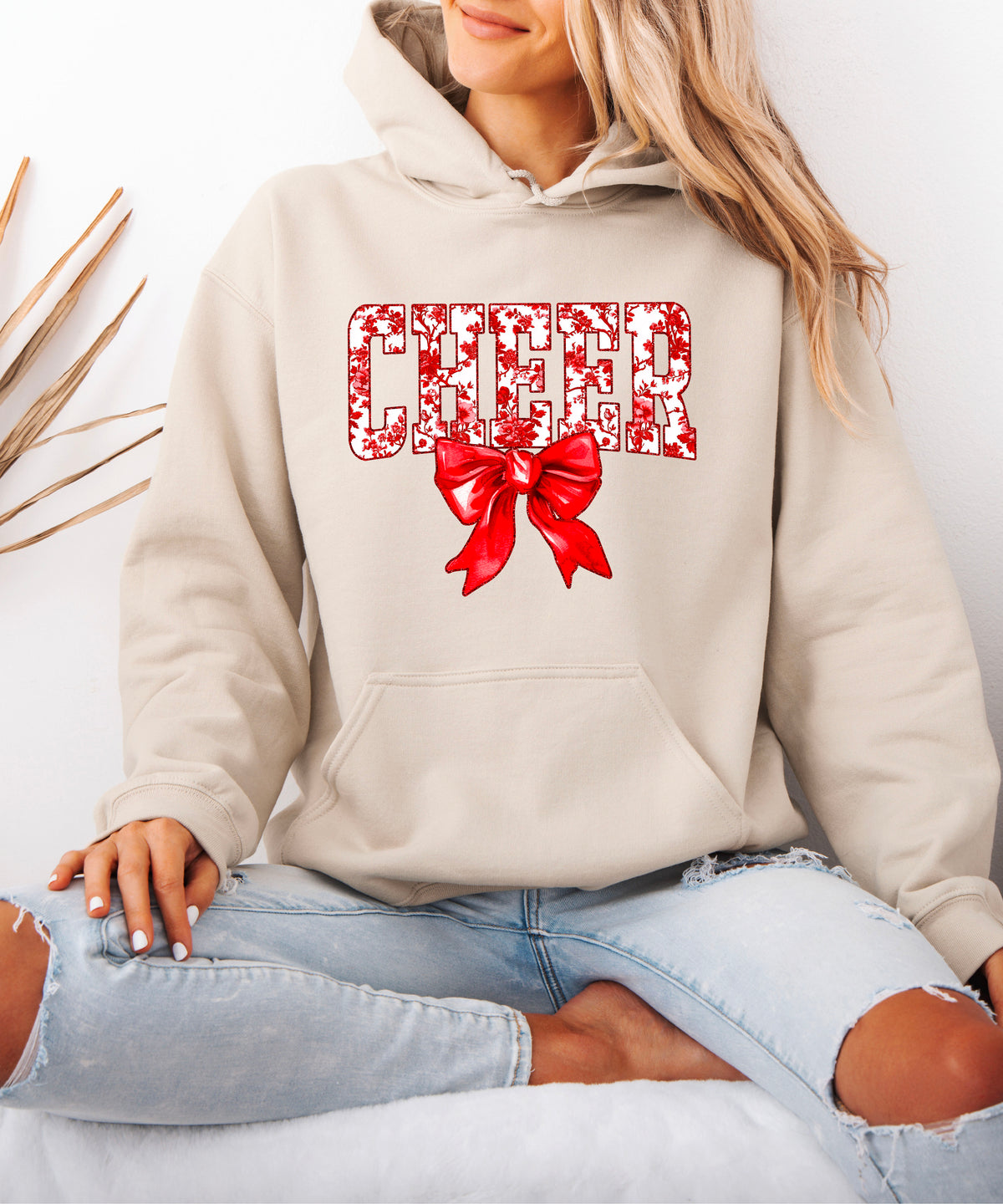 Cheer red floral bow hoodie for women and teen girls, Sand hoodie, additional view 2