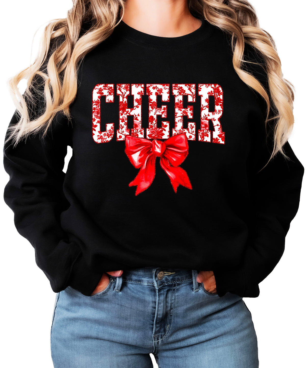 Black crewneck sweatshirt with red floral CHEER lettering and red coquette bow, view 1