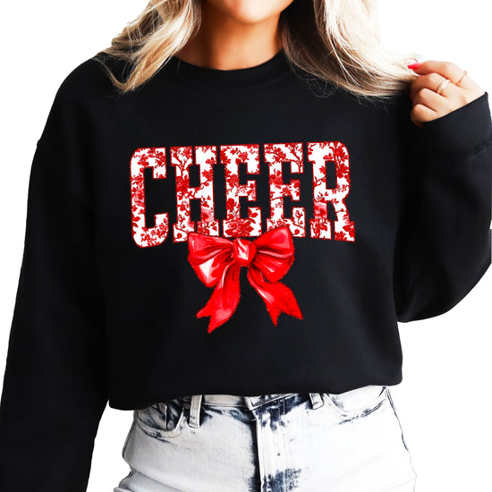 Black crewneck sweatshirt with red floral CHEER lettering and red coquette bow, view 2