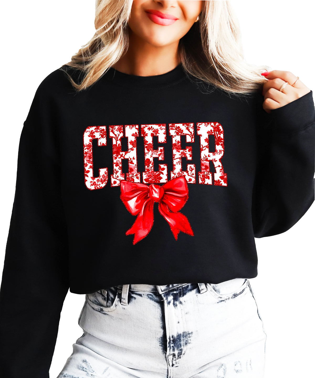 Black crewneck sweatshirt with red floral CHEER lettering and red coquette bow, view 2