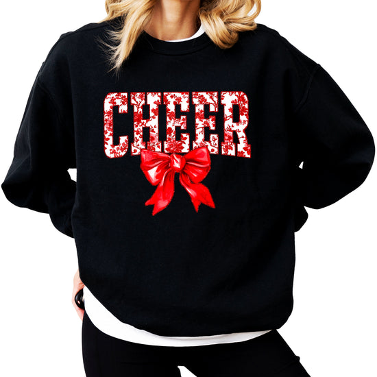 Black crewneck sweatshirt with red floral CHEER lettering and red coquette bow, view 3
