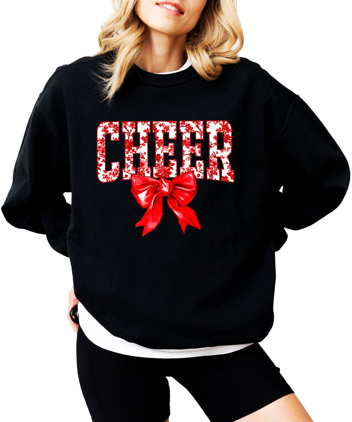 Black crewneck sweatshirt with red floral CHEER lettering and red coquette bow, view 3