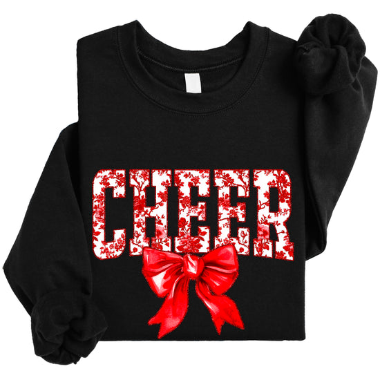 Black crewneck sweatshirt with red floral CHEER lettering and red coquette bow, view 4