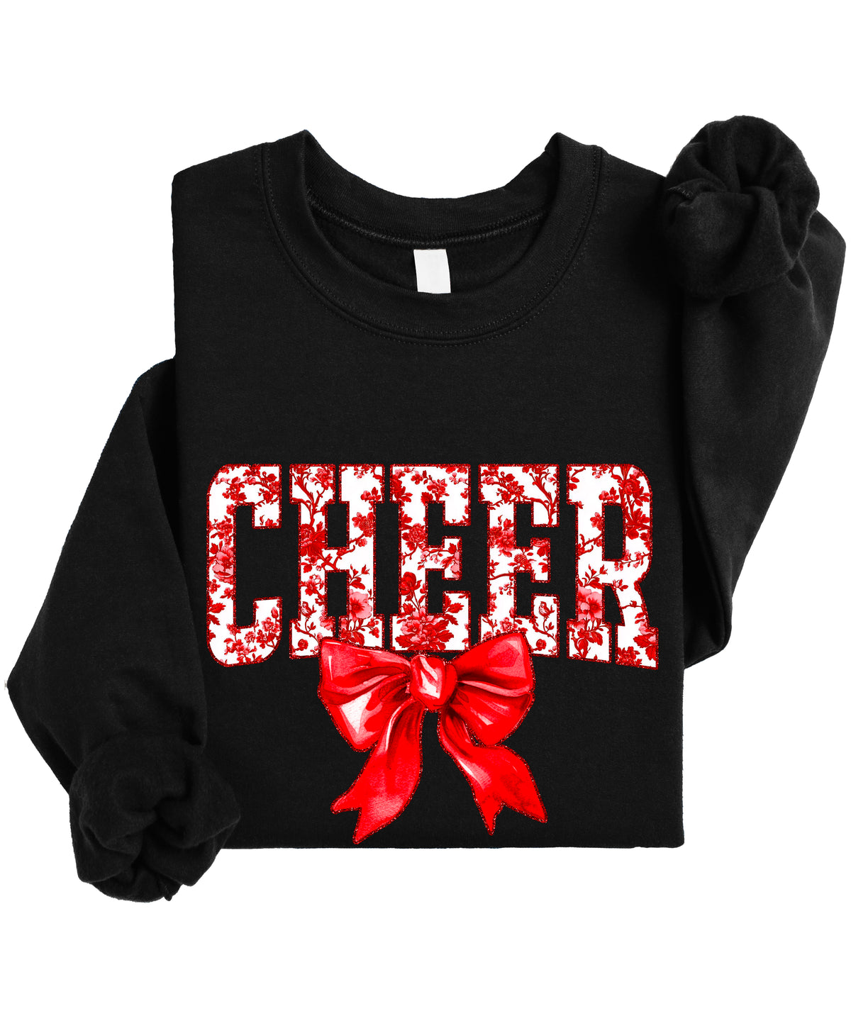 Black crewneck sweatshirt with red floral CHEER lettering and red coquette bow, view 4