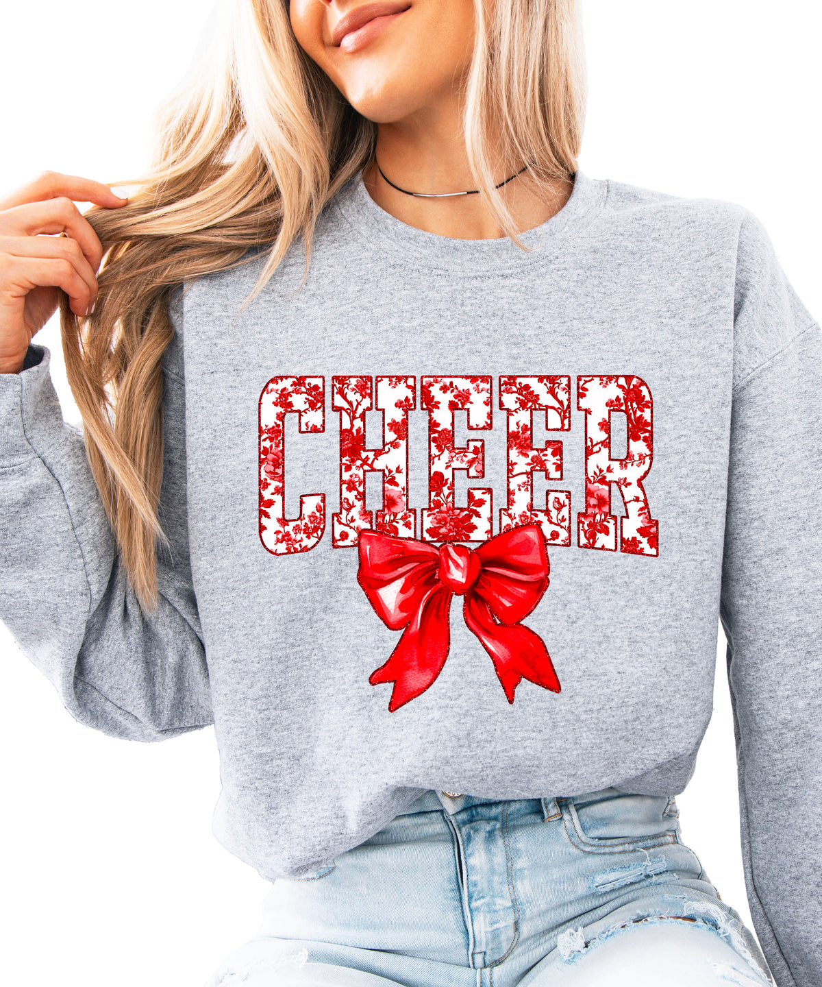 Gray crewneck sweatshirt with red floral CHEER lettering and red coquette bow, view 1