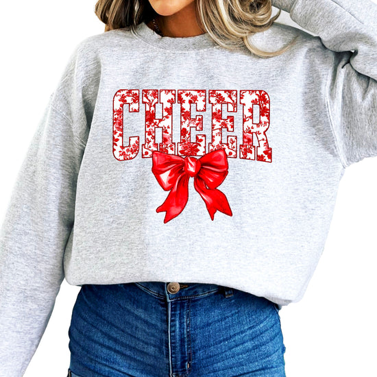 Gray crewneck sweatshirt with red floral CHEER lettering and red coquette bow, view 2