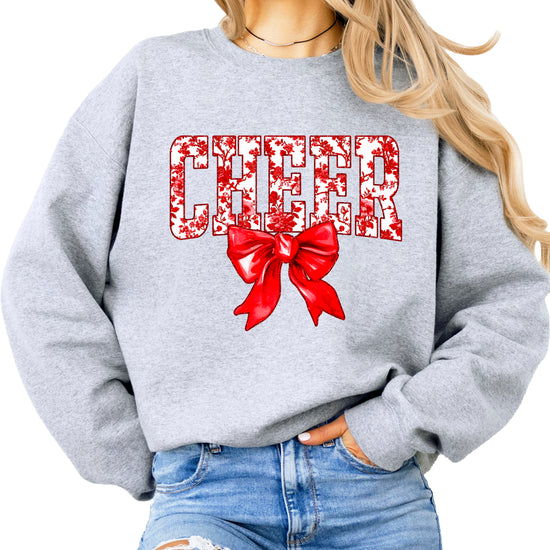 Gray crewneck sweatshirt with red floral CHEER lettering and red coquette bow, view 3