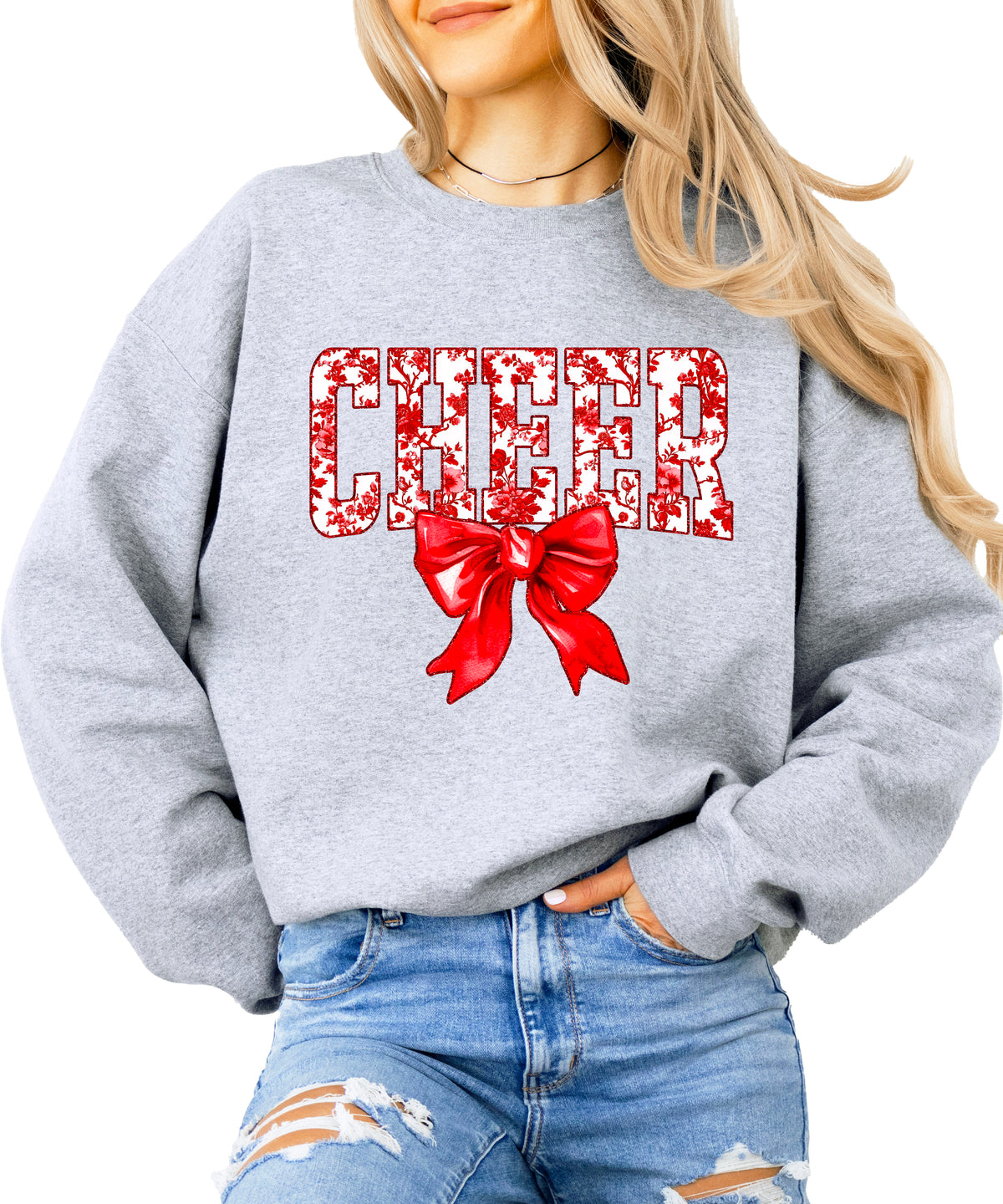 Gray crewneck sweatshirt with red floral CHEER lettering and red coquette bow, view 3