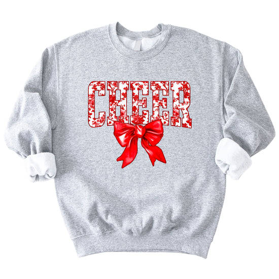 Gray crewneck sweatshirt with red floral CHEER lettering and red coquette bow, view 4