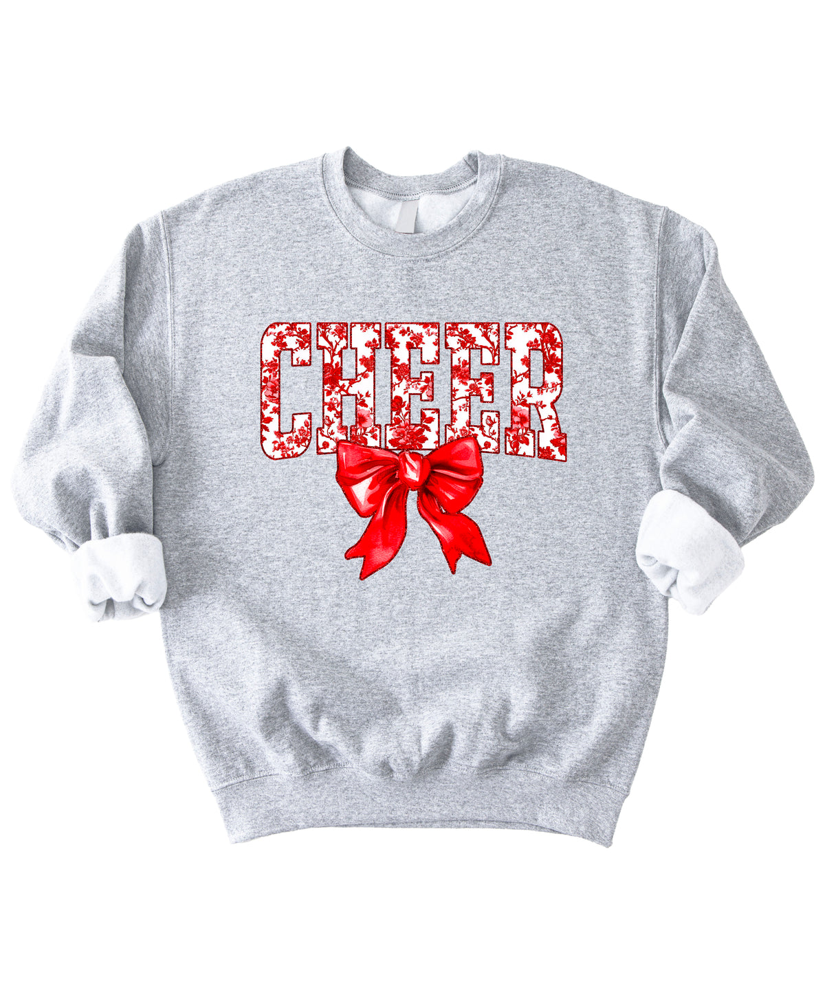 Gray crewneck sweatshirt with red floral CHEER lettering and red coquette bow, view 4