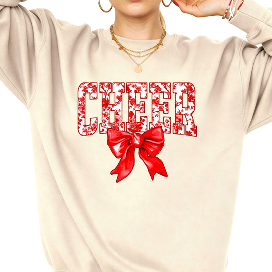 Sand crewneck sweatshirt with red floral CHEER lettering and red coquette bow, view 2