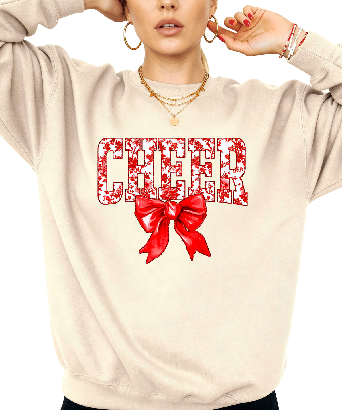 Sand crewneck sweatshirt with red floral CHEER lettering and red coquette bow, view 2