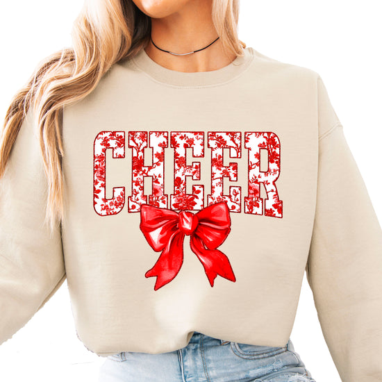 Sand crewneck sweatshirt with red floral CHEER lettering and red coquette bow, view 3