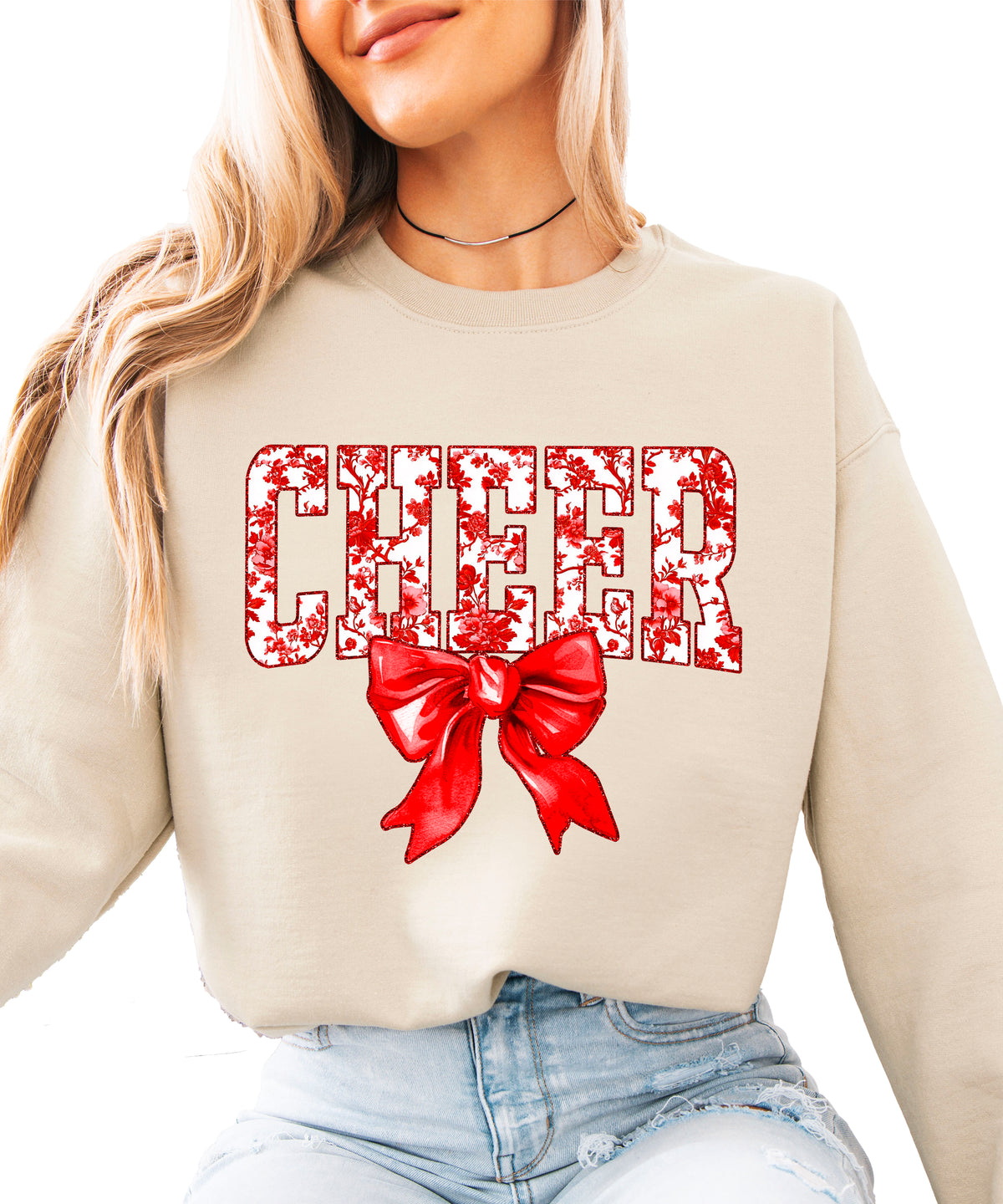 Sand crewneck sweatshirt with red floral CHEER lettering and red coquette bow, view 3
