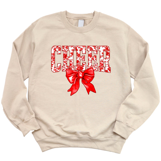 Sand crewneck sweatshirt with red floral CHEER lettering and red coquette bow, view 4