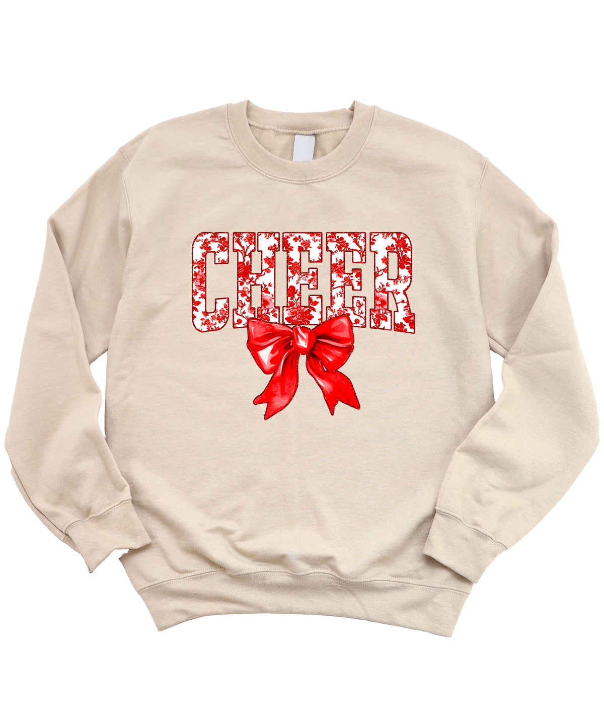 Sand crewneck sweatshirt with red floral CHEER lettering and red coquette bow, view 4