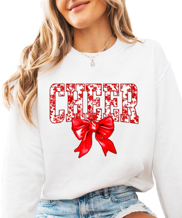 White crewneck sweatshirt with red floral CHEER lettering and red coquette bow, view 1
