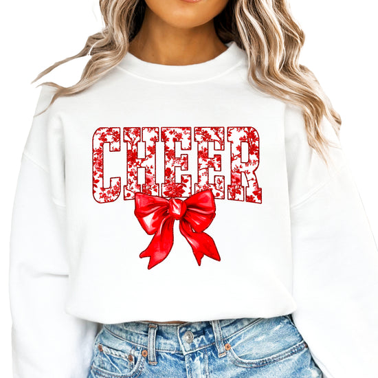 White crewneck sweatshirt with red floral CHEER lettering and red coquette bow, view 2
