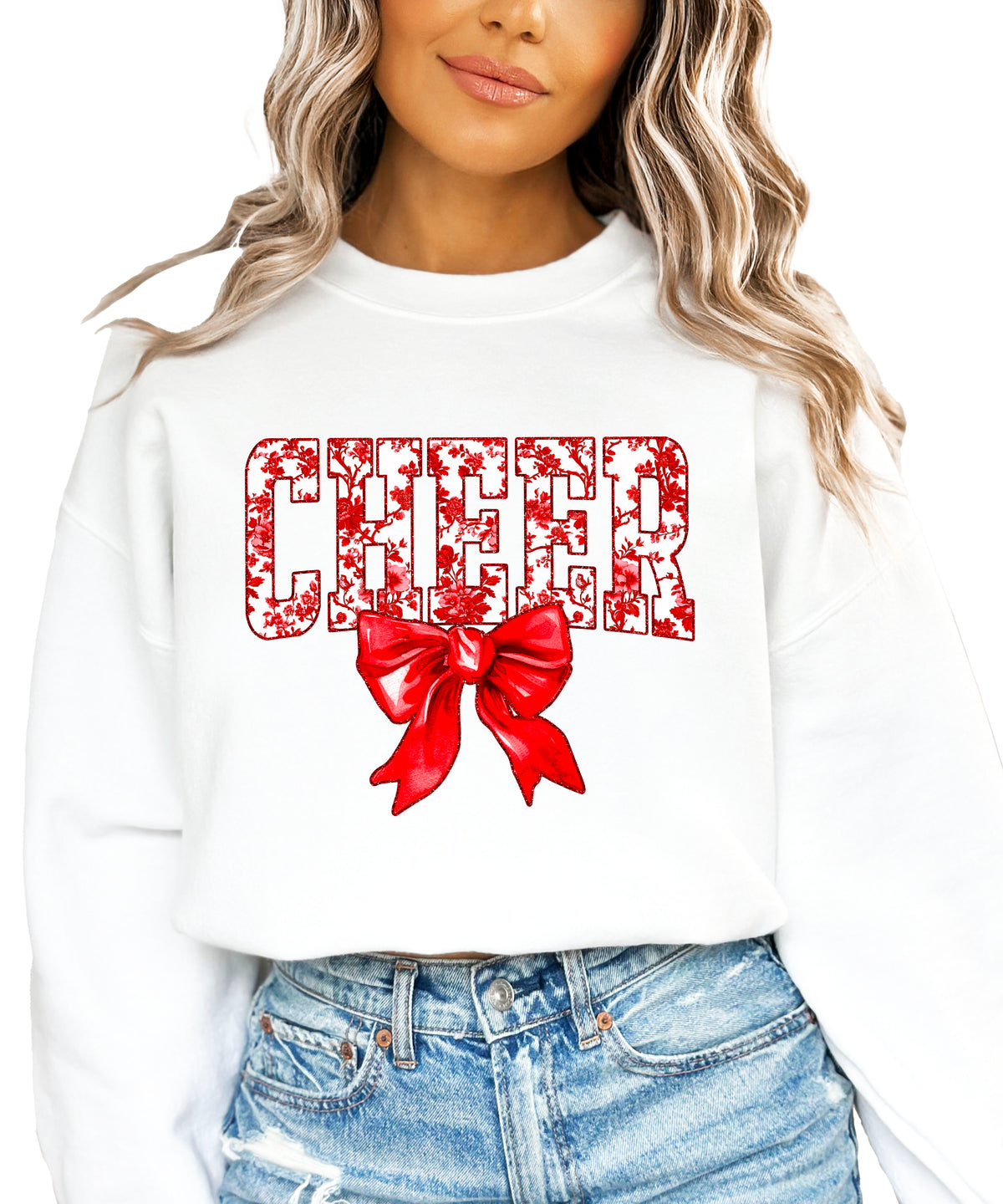 White crewneck sweatshirt with red floral CHEER lettering and red coquette bow, view 2