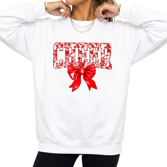 White crewneck sweatshirt with red floral CHEER lettering and red coquette bow, view 3