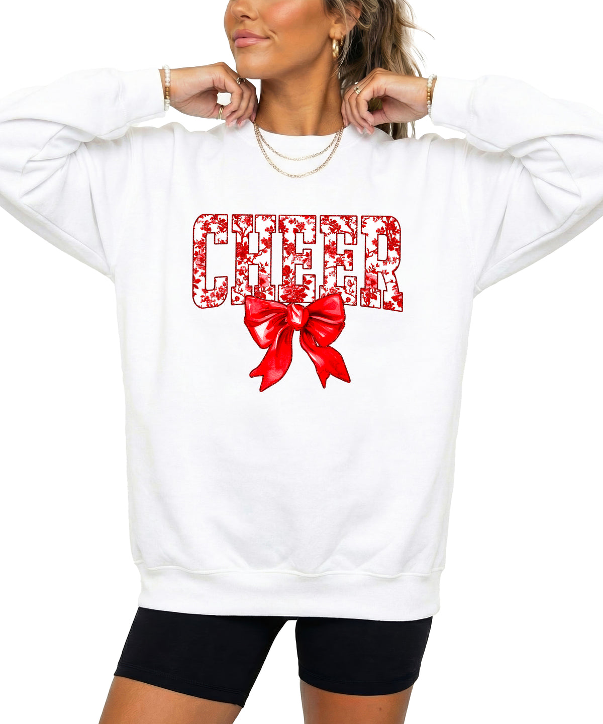 White crewneck sweatshirt with red floral CHEER lettering and red coquette bow, view 3