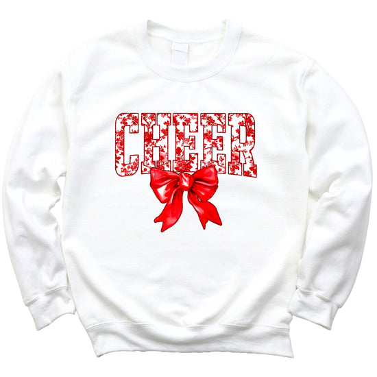 White crewneck sweatshirt with red floral CHEER lettering and red coquette bow, view 4
