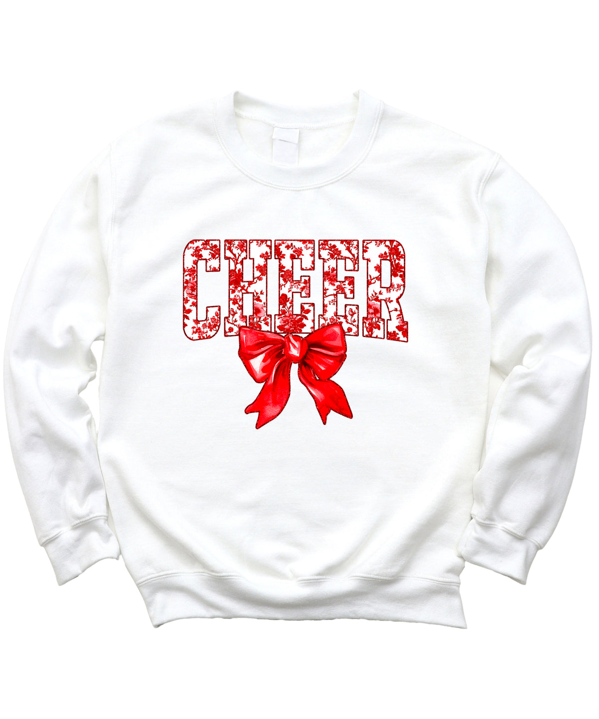 White crewneck sweatshirt with red floral CHEER lettering and red coquette bow, view 4