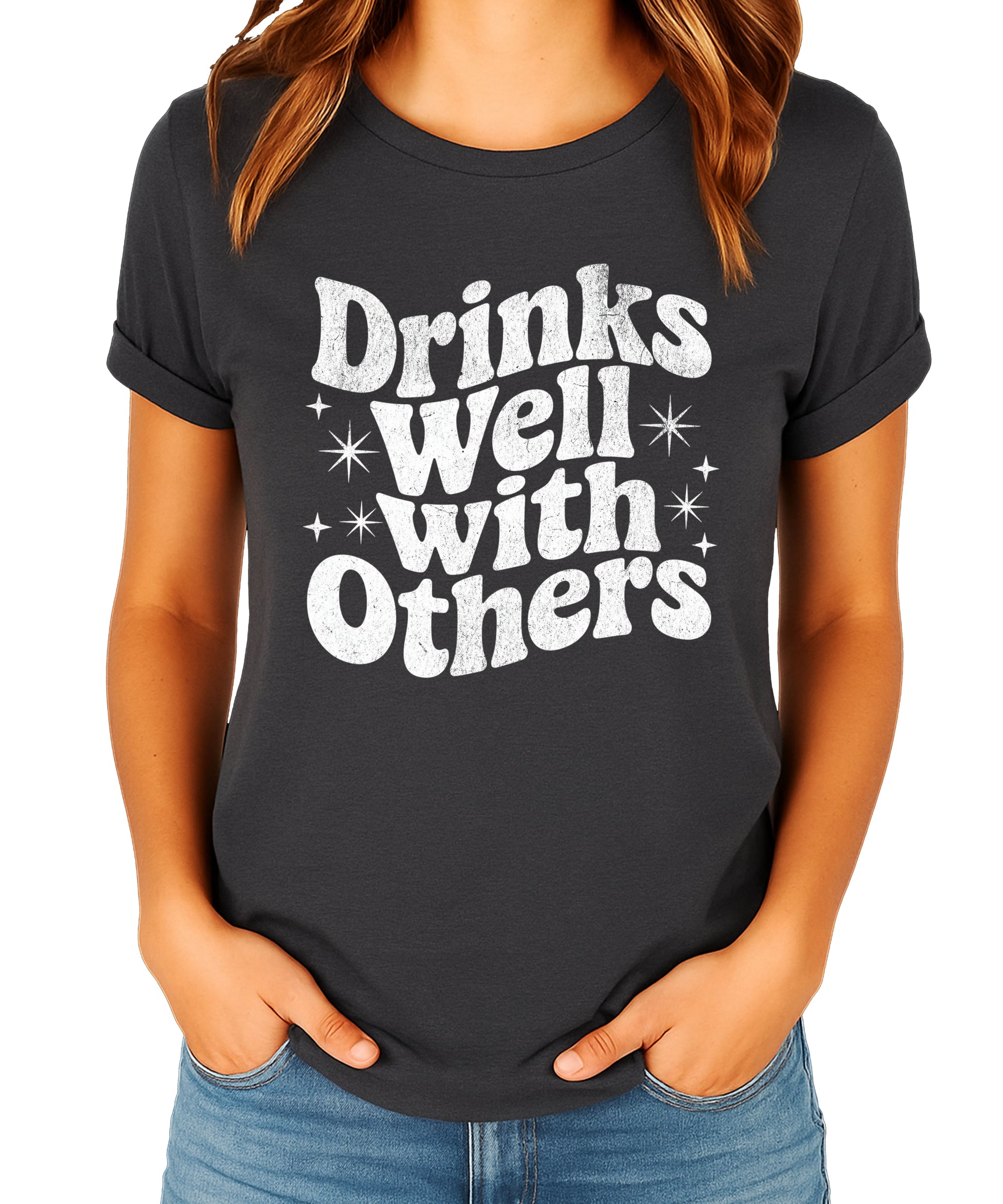 Drinks Well With Others funny graphic tee for women in Dark Gray Heather, front view