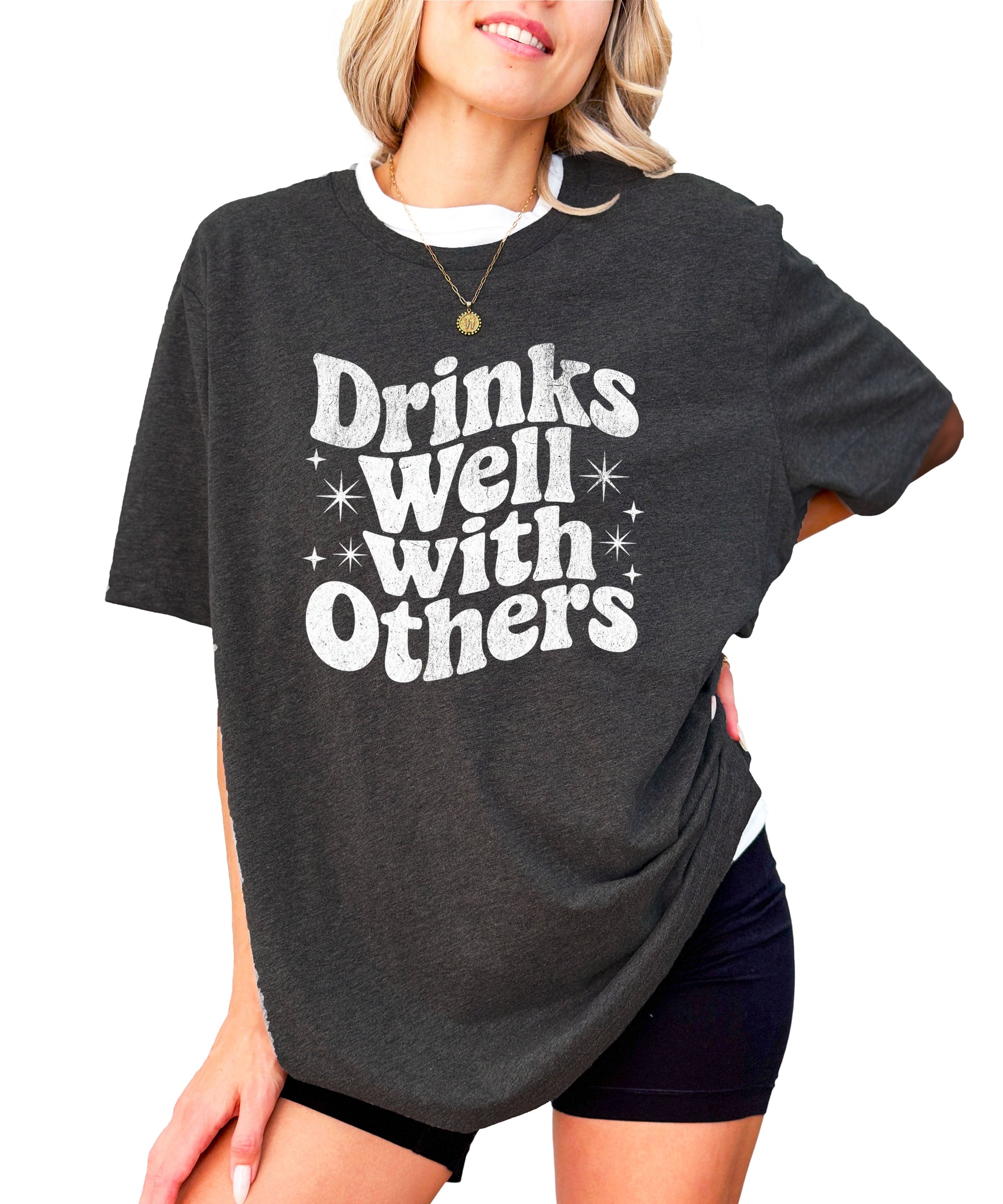 Drinks Well With Others funny graphic tee for women in Dark Gray Heather, back view