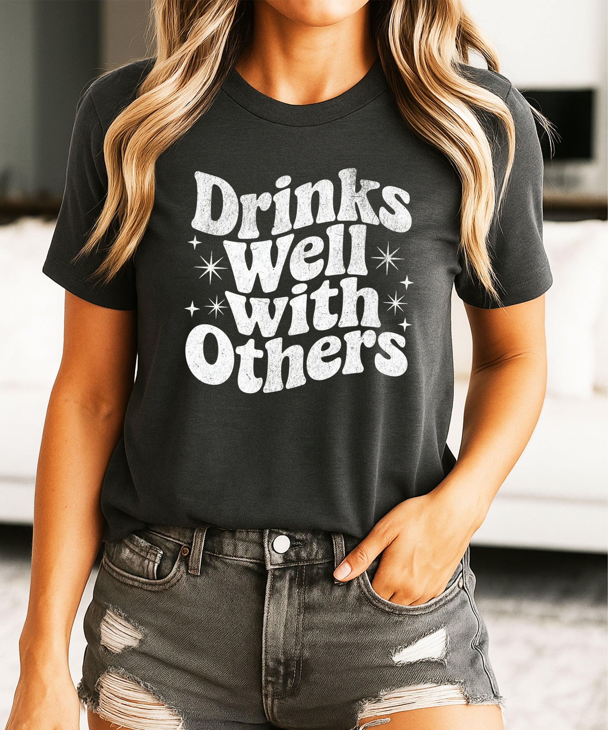 Drinks Well With Others funny graphic tee for women in Dark Gray Heather, detail view