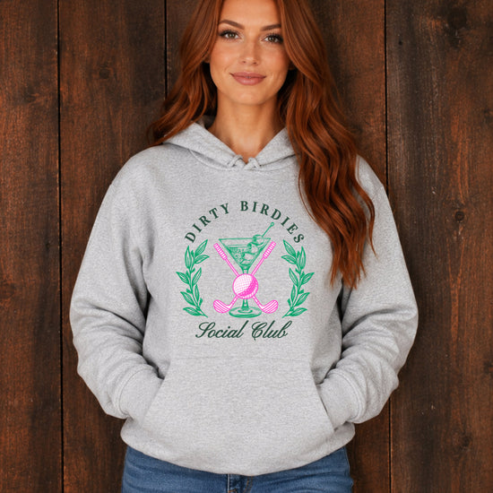 Dirty Birdies Social Club hoodie in Gray, lifestyle view