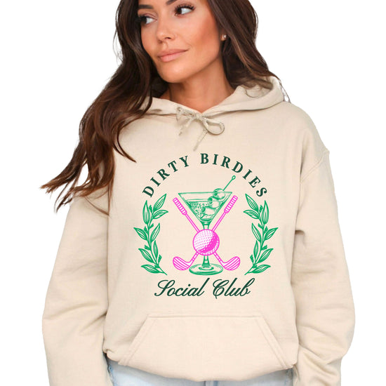 Dirty Birdies Social Club hoodie in Sand, graphic close-up
