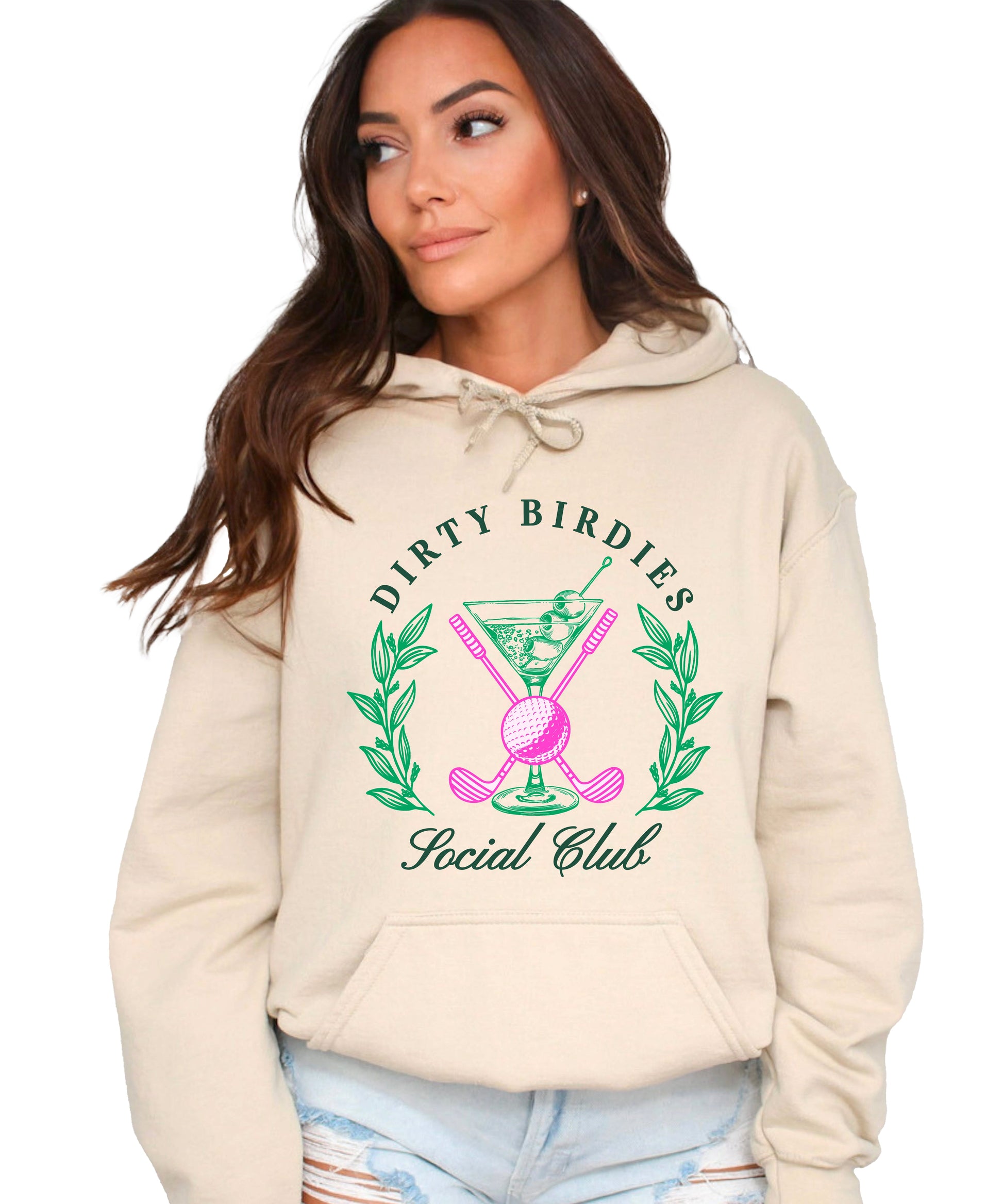 Dirty Birdies Social Club hoodie in Sand, graphic close-up