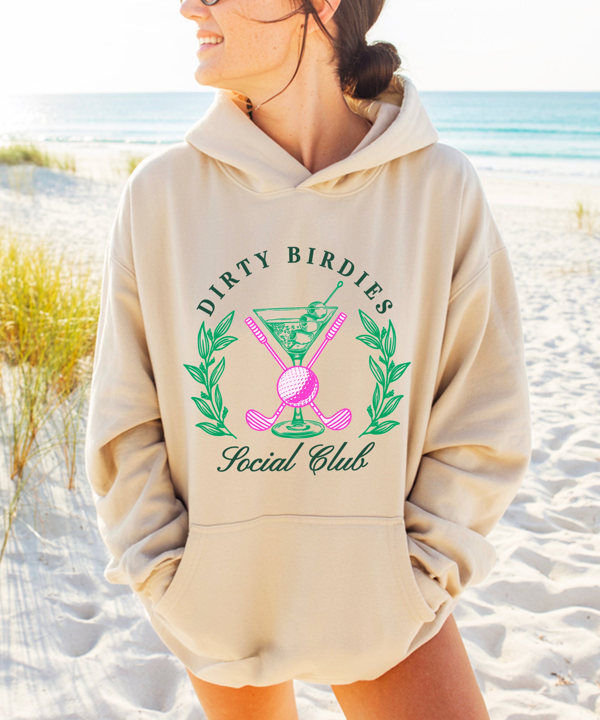 Dirty Birdies Social Club hoodie in Sand, back view