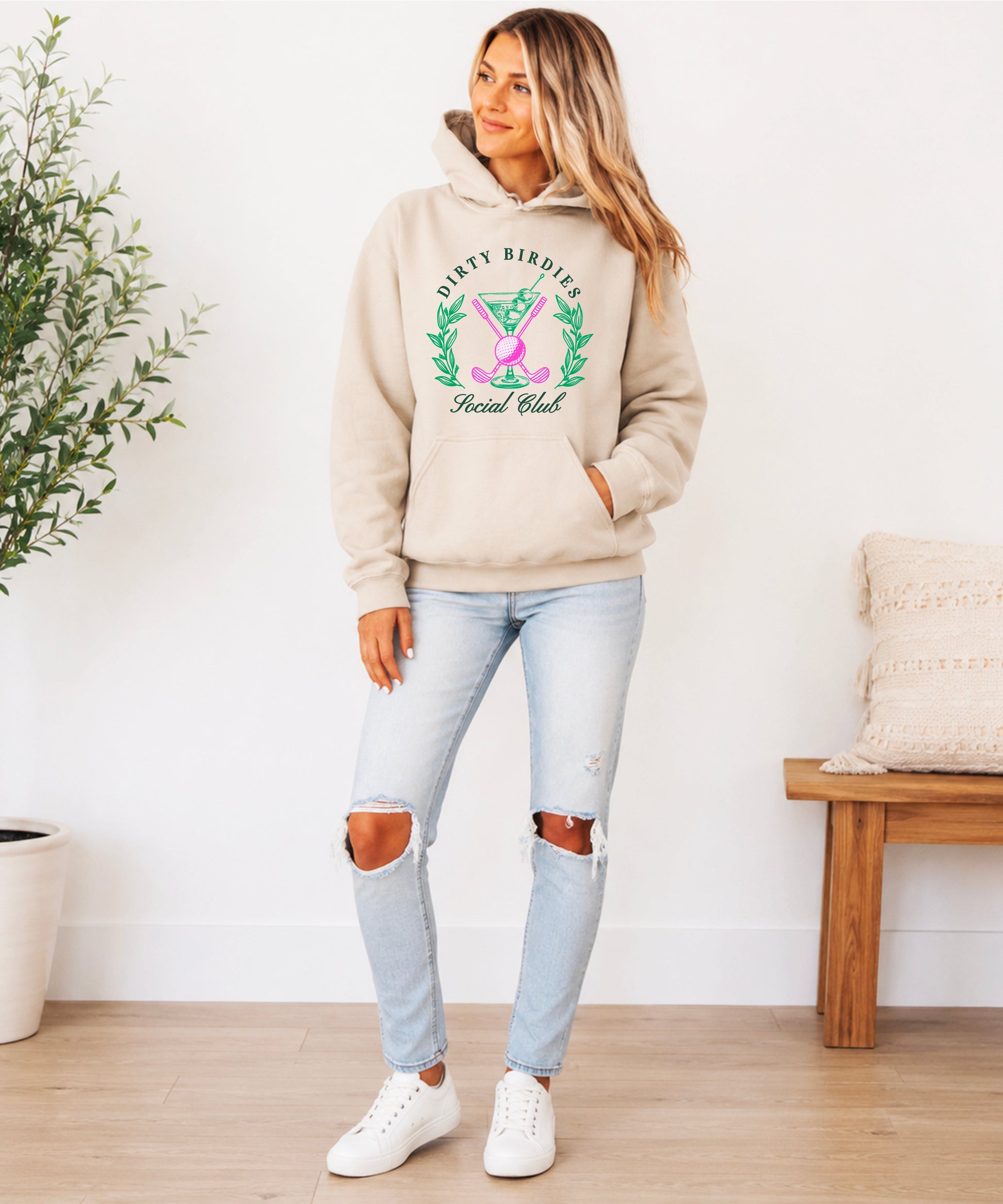 Dirty Birdies Social Club hoodie in Sand, styled view