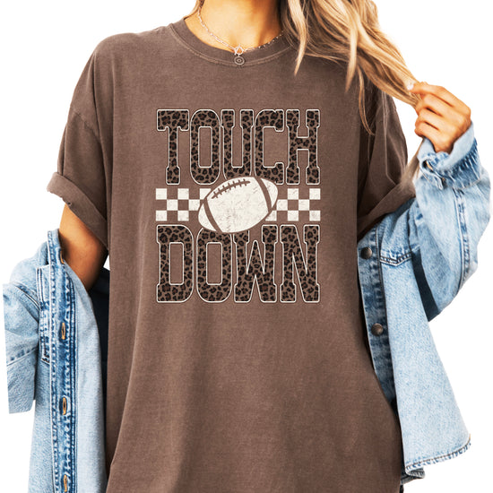 Leopard Print Touchdown Comfort Colors tee in Espresso - front view