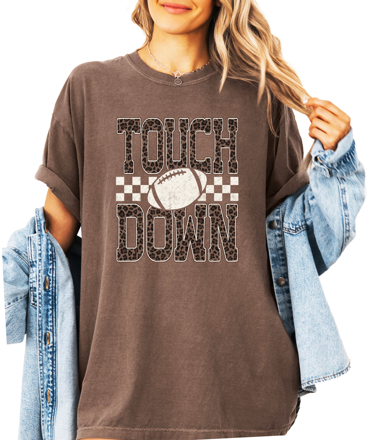 Leopard Print Touchdown Comfort Colors tee in Espresso - front view