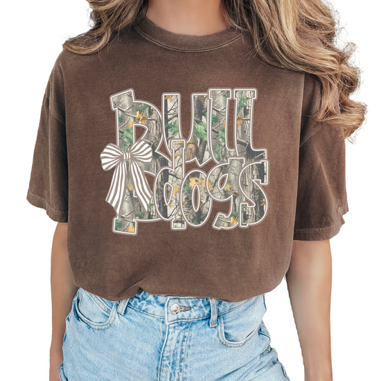 Bulldogs Camo Coquette Bow Comfort Colors tee in Espresso - front view