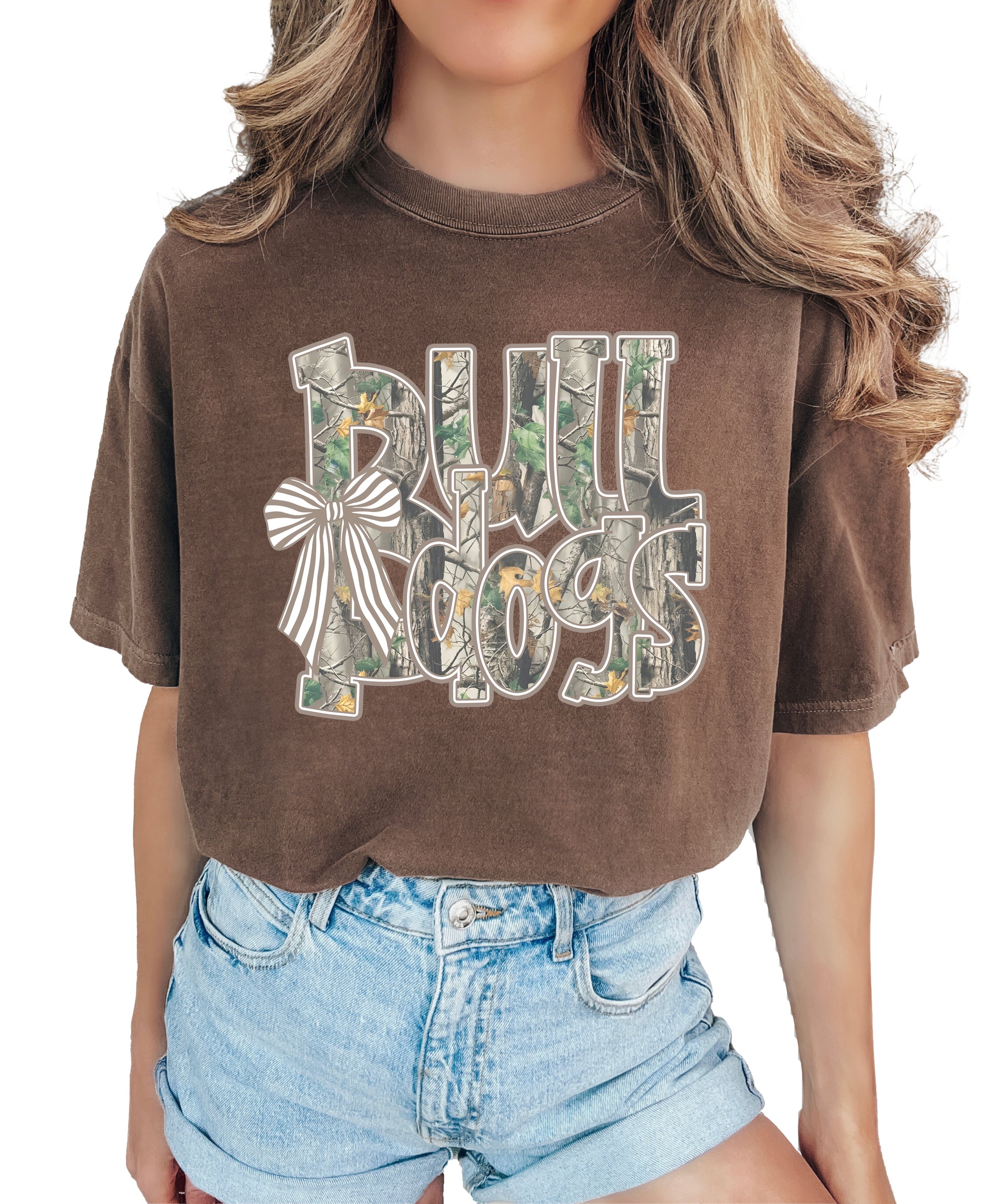 Bulldogs Camo Coquette Bow Comfort Colors tee in Espresso - front view