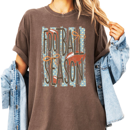Football Season coquette bow Comfort Colors tee in Espresso - front view