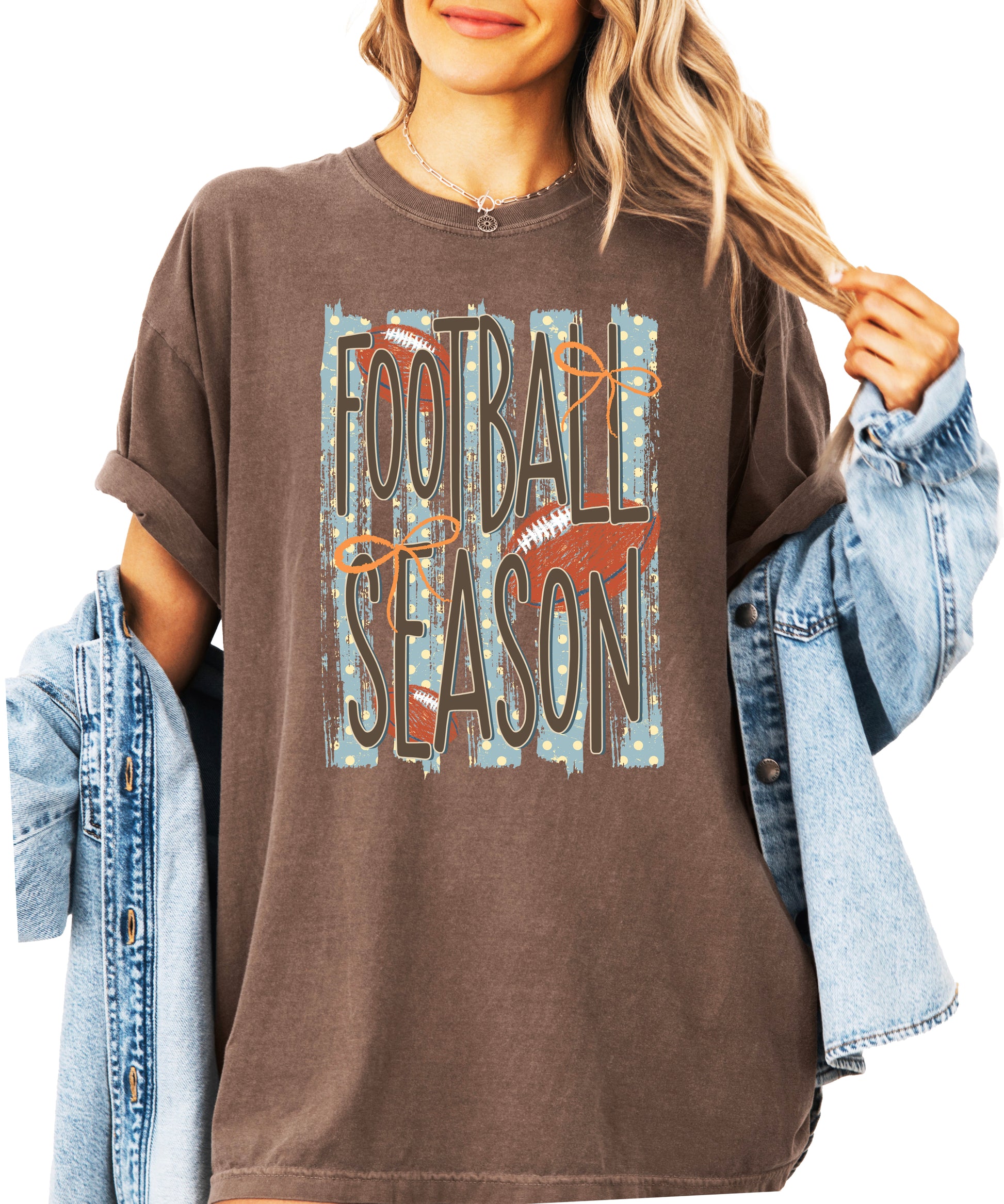 Football Season coquette bow Comfort Colors tee in Espresso - front view