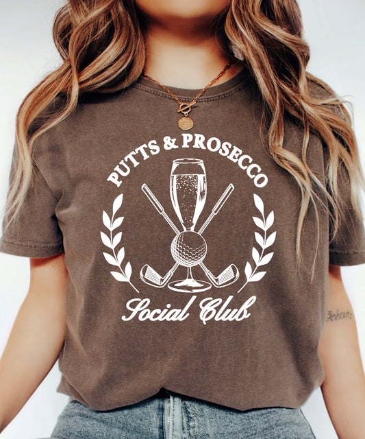 Putts and Prosecco Social Club golf t-shirt for women in Espresso brown, front view