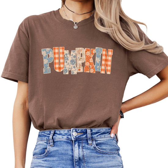 Pumpkin patch fall graphic tee for women in Espresso on Comfort Colors 1717, front view
