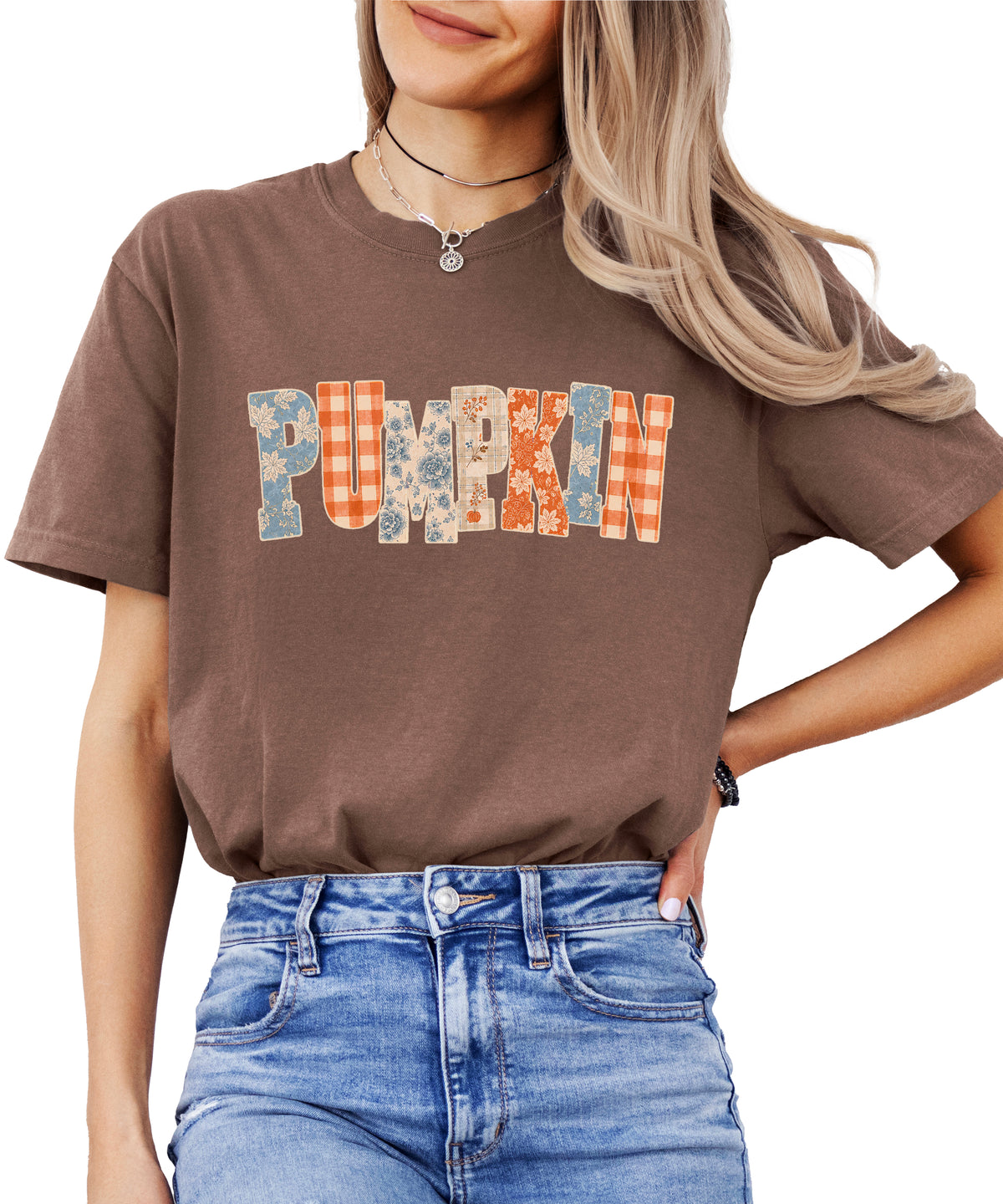 Pumpkin patch fall graphic tee for women in Espresso on Comfort Colors 1717, front view