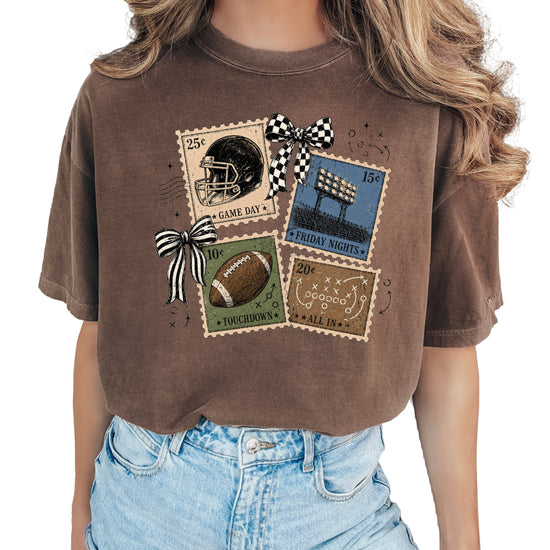 Vintage Football Stamps Coquette Bow Comfort Colors tee in Espresso - front view