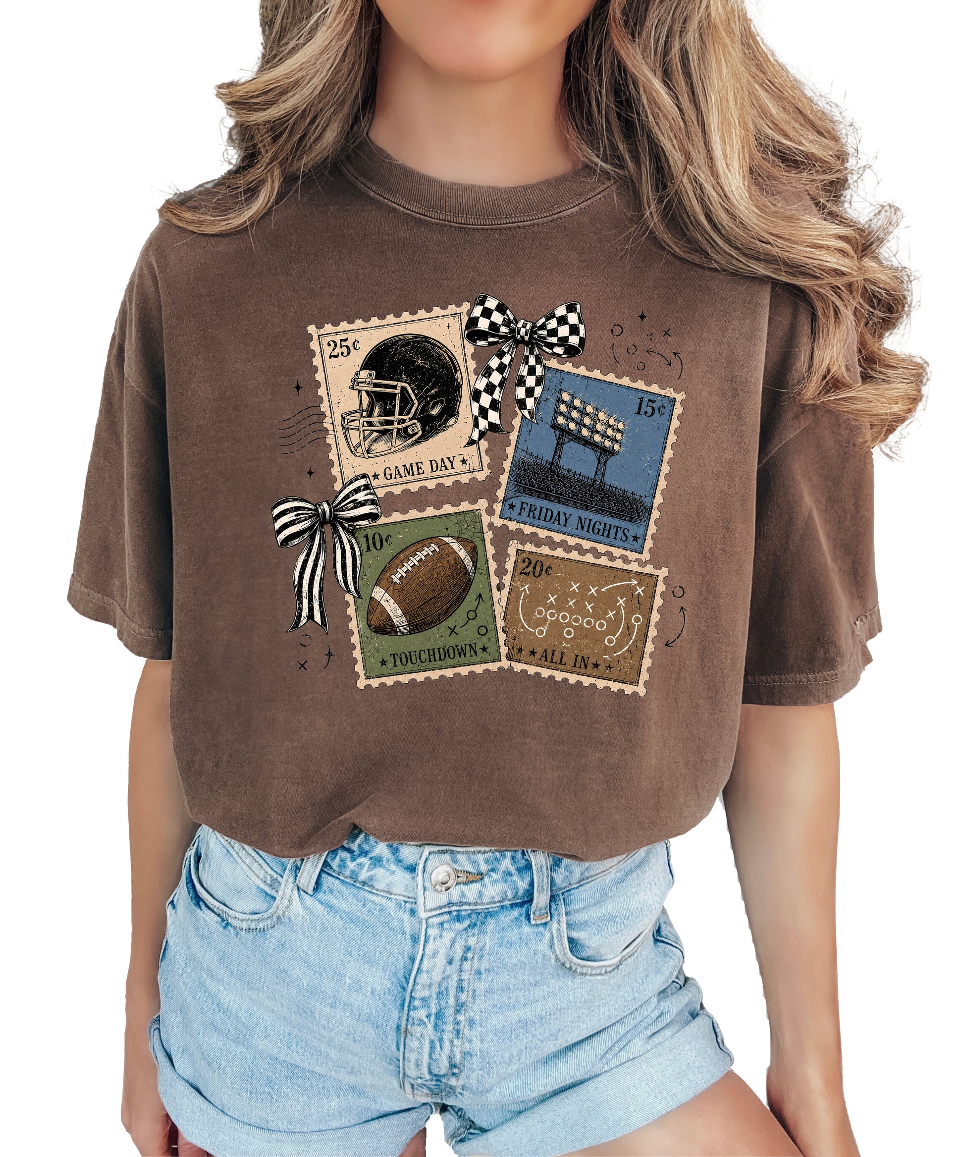 Vintage Football Stamps Coquette Bow Comfort Colors tee in Espresso - front view