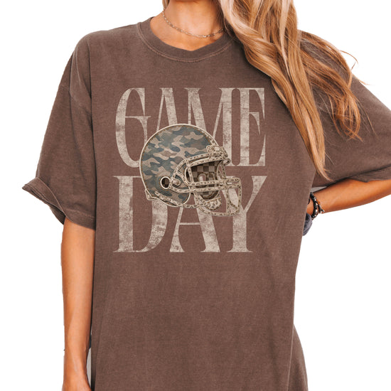 Espresso Shirt Game Day Camo Football Helmet Comfort Colors tee view 1 - Olive Loves Apple
