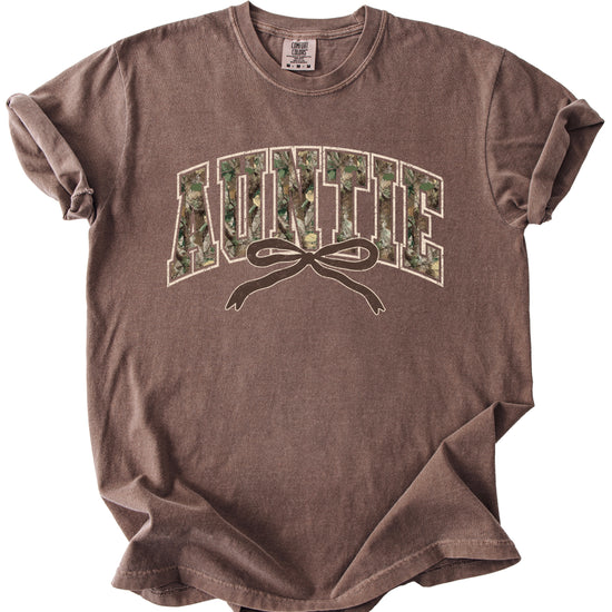Auntie camo coquette bow womens tee in Espresso brown, product view 2